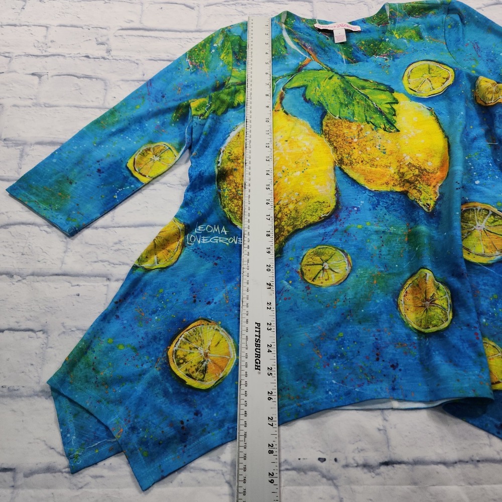 Leoma Lovegrove Shirt WOMENS M Lemon Blue Art Tunic 3/4 Sleeve Asymmetrical Top - Picture 3 of 13